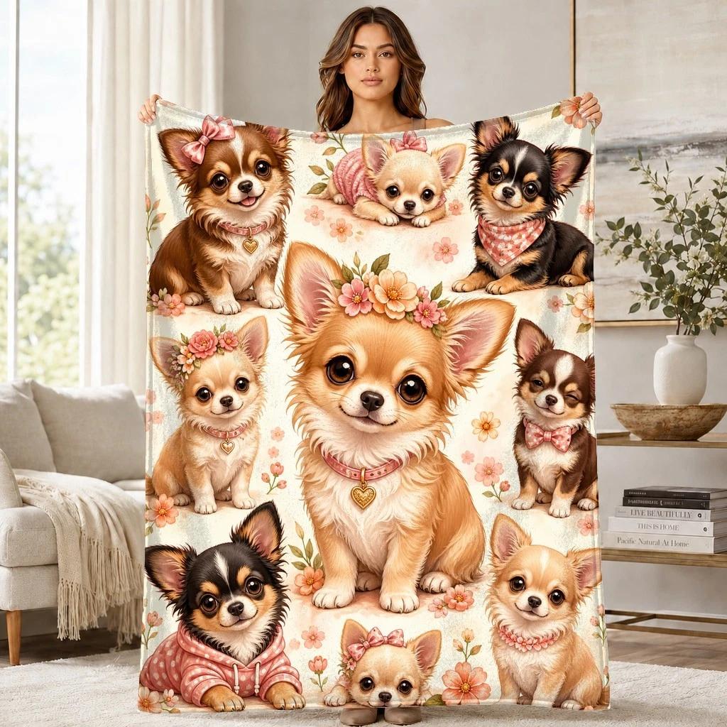 Floral Chihuahua Puppy Collage Coral Fleece Blanket