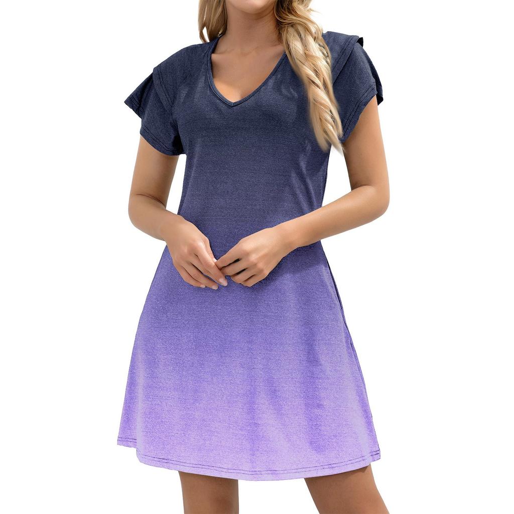 Women's Casual V-Neck A-Line Dress With Short Ruffled Edge Cuff Pocket Dress Cuff Pocket Dress