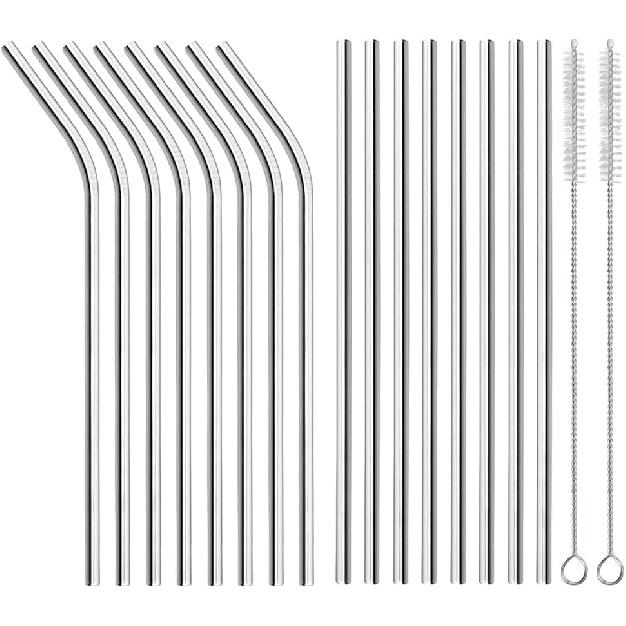 16 Pack of Reble Stainless Steel Metal Straws, 8 Straight + 8 Bent 8.5 inch Metal Straws with 2 Cleaning Brushes, Straw Compatible with 20oz Stanley