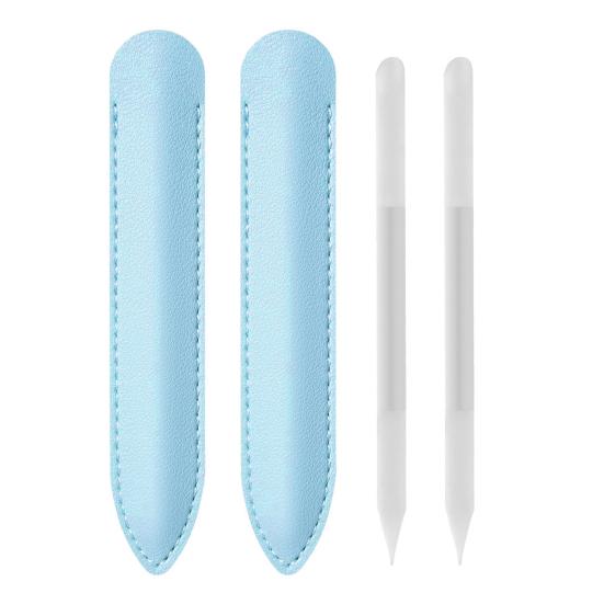 2Pcs/Set Glass Cuticle Pusher Nail File Easy Cleaning Double Sided Glass Manicure Stick with Imitation Leather Case Cuticle Remover Tool