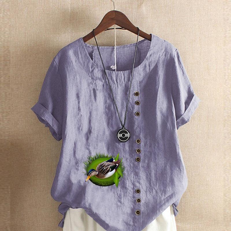 Women's Fashion Duck Prined Round Neck Short Sleeve T-shirt Casual Cotton Linen Graphic Shirt Leisure Loose Summer Blouse Tops