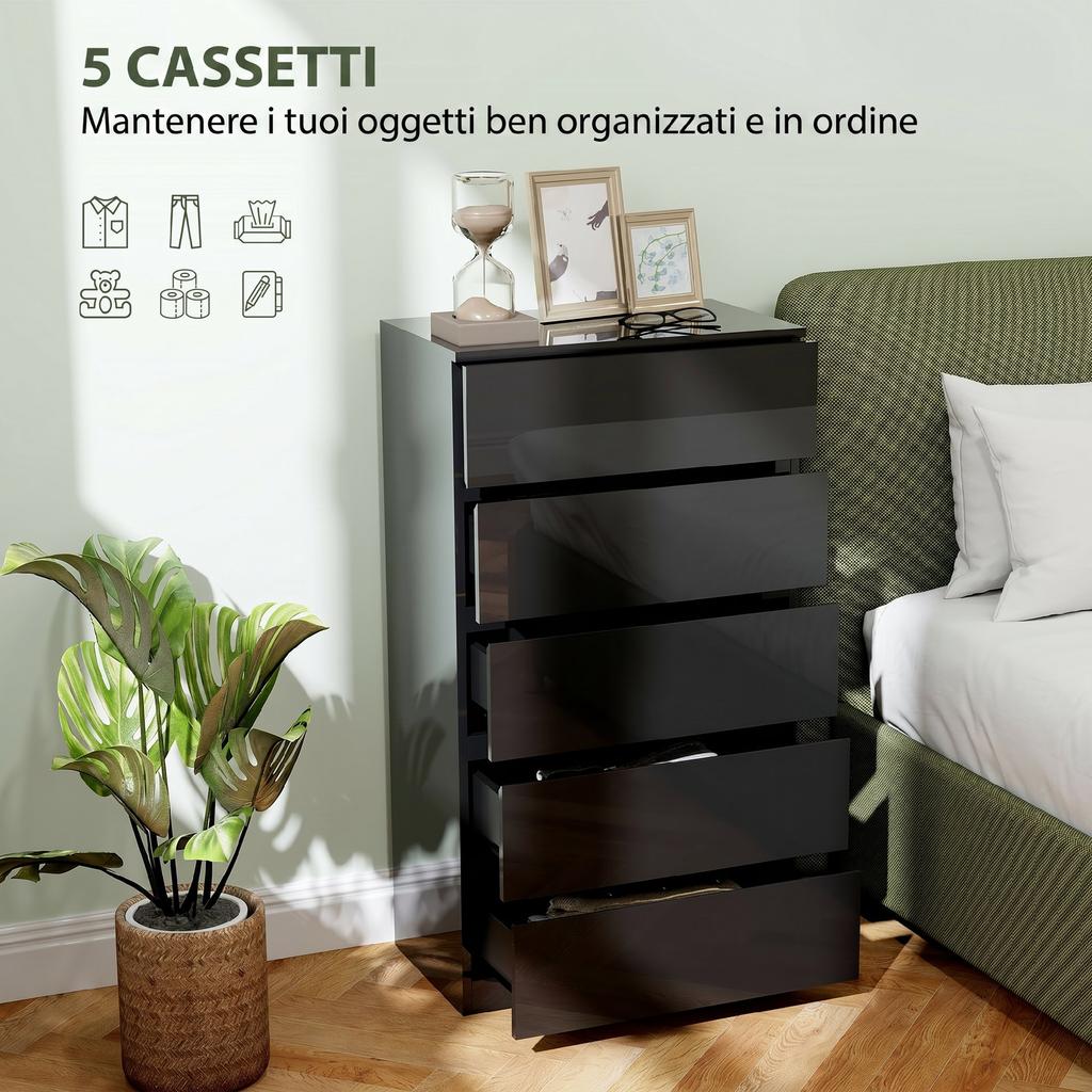 5-Drawer Wooden Chest of Drawers, 55x34x100 cm, Black