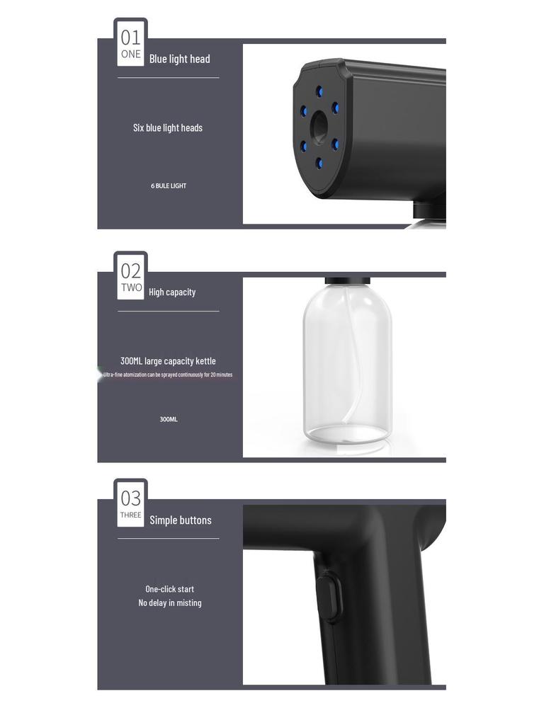 Перезаряжаемый беспроводной нано-распылитель для дезинфекции с синей подсветкой