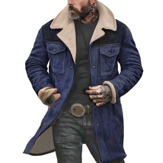 Men Jacket Large Plush Lapel Long Sleeve Vintage Suede Jacket with Pockets Zipper Up Mid-length Motorcycle Coat