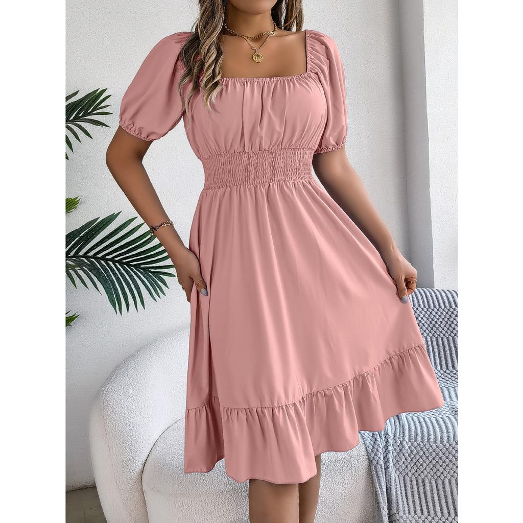 GMXIA Весенне-летнее повседневное платье с квадратным вырезом, короткими рукавами, приталенное, с А-силуэтной юбкой с оборками, женская одежда