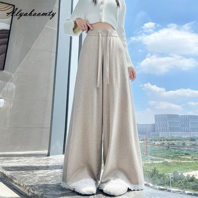 Осень Зима Женские Свободные Широкие Вязаные Брюки на Кулиске Черные Бежевые Розовые Вязаные Прямые Брюки Кружевная Отделка Теплые Брюки