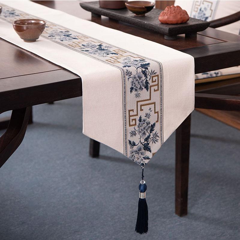 Chinese Style Table Runner Luxury Cotton Linen Jacquard Table Runners Decorative Bed Runner Table Flag Living Room Hotel