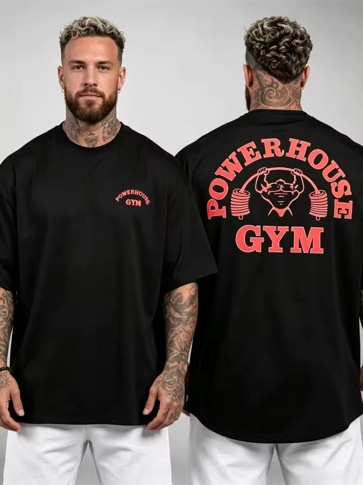 Powerhouse Gym Двусторонний принт Мужская футболка Модный тренд Уличная мода Короткий рукав Мужские повседневные свободные хлопковые футболки