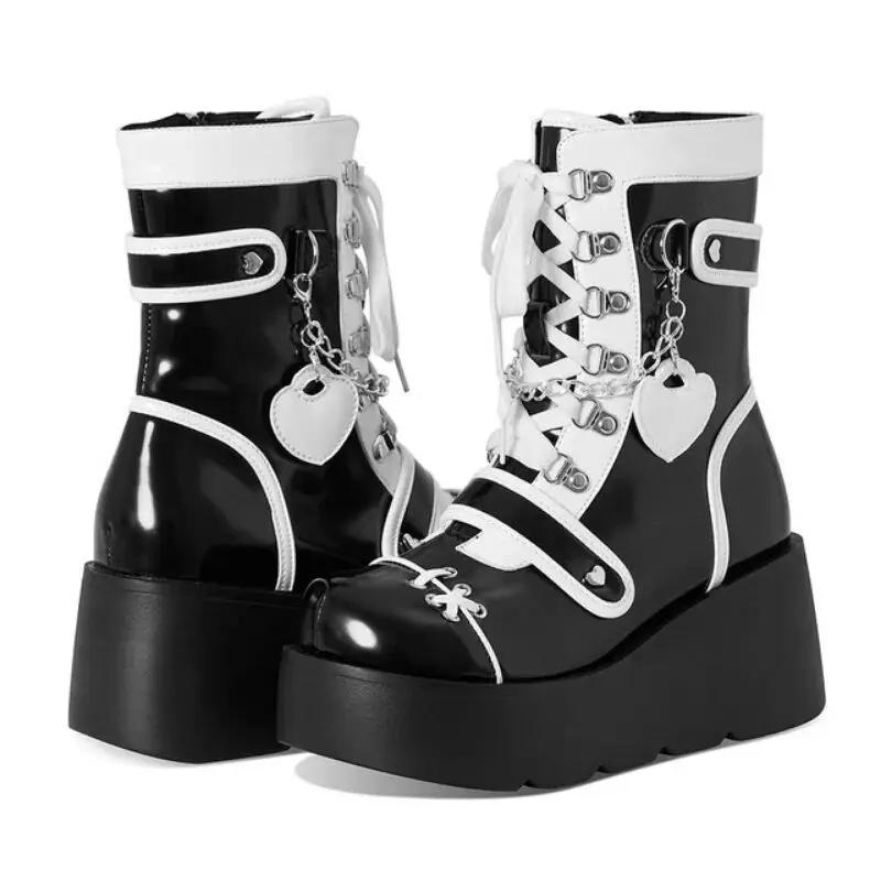 Fashion New Gothic Platform Shoes Women's Boots Vampire Role Play Womens Mid-calf Boots Lace Up Wedges Punk Style Botines Para Mujeres