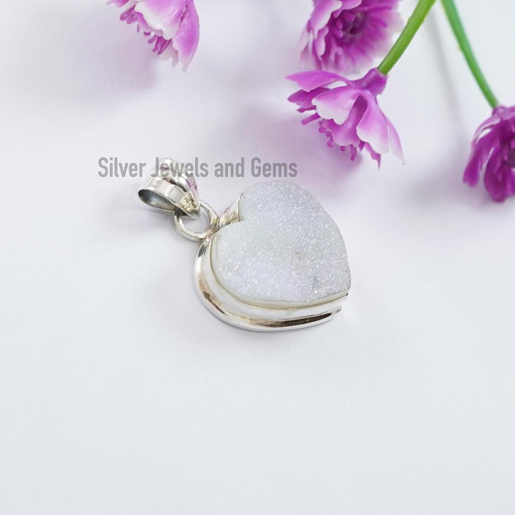 White Titanium Druzy Pendant, Heart Pendant, 925 Sterling Silver Pendant, Gemstone Pendant, Gift for Love, Anniversary Pendant