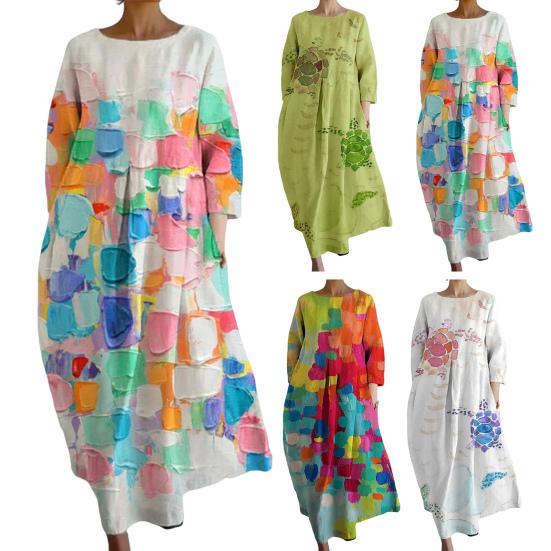 Летнее женское платье макси с красочным принтом, рукав три четверти, круглый вырез, свободное трапециевидное платье с большими боковыми карманами, длинное платье для отпуска, повседневная одежда