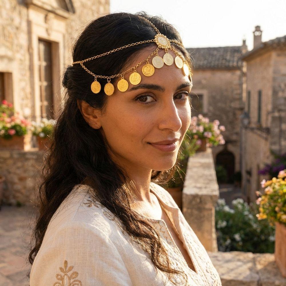 Fashion Coin Tassel Design Egyptian Gold Head Chain Metal Rhinestone Hair Chains Bohemian Adjustable Hair Accessories Wedding