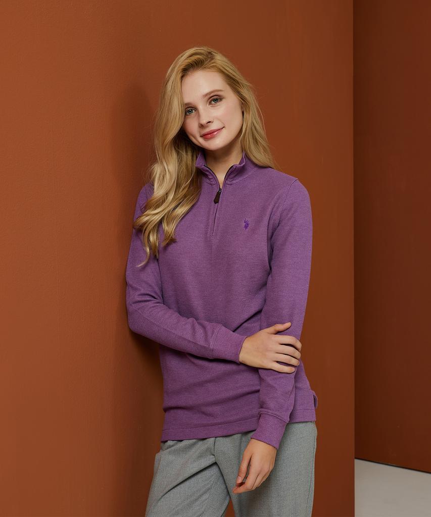USPOLOASSN White Label Cotton French Rib Half-Zip Mock Neck_Melange Purple