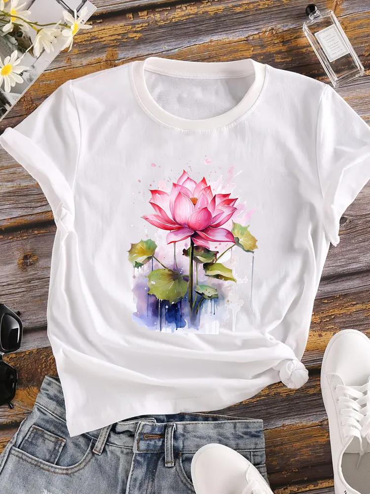 (Asian Size) Lovely Flower Trend Cute Short Sleeve T Shirt Casual Tee Top Fashion Women Clothing Printed O-neck Ladies Female Graphic T-shirts