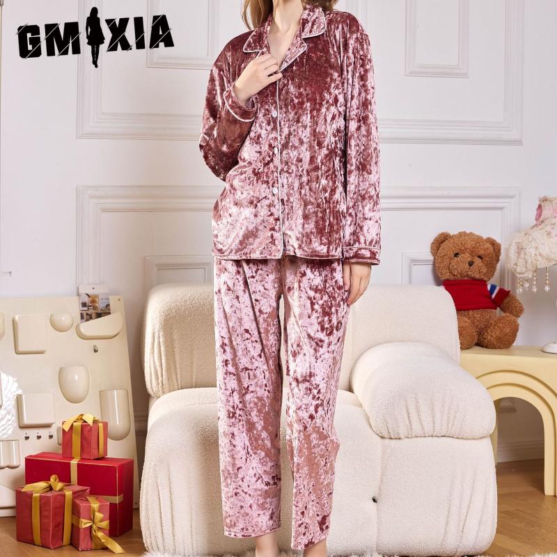 GMXIA Autumn and Winter Women's Gold Diamond Velvet Pyjamas Long-sleeved Trousers Two-piece Warm Thickened Velvet Homewear Set