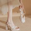 2025 Summer New Thick Heel Butterfly Bond Temperament Fashion Versatile Beige Fairy Style High Heel Sandals Woman