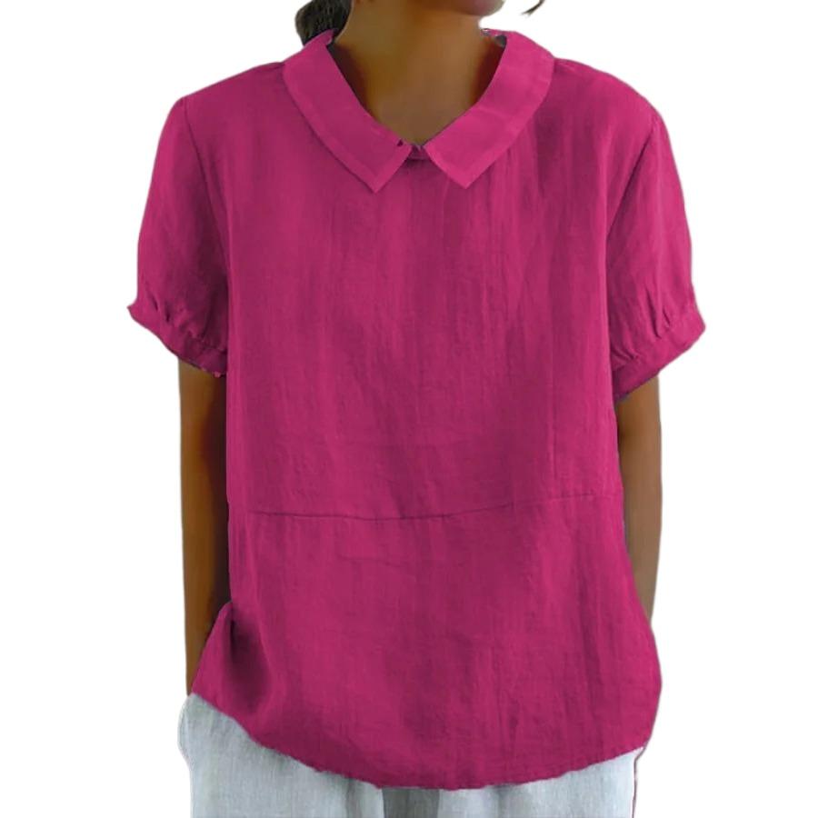 Womens Casual Peter Pan Collar Blouse Summer Loose Cotton Blouse Linen Tops Solid Color Short Sleeve Casual Ladies Breathable Shirt