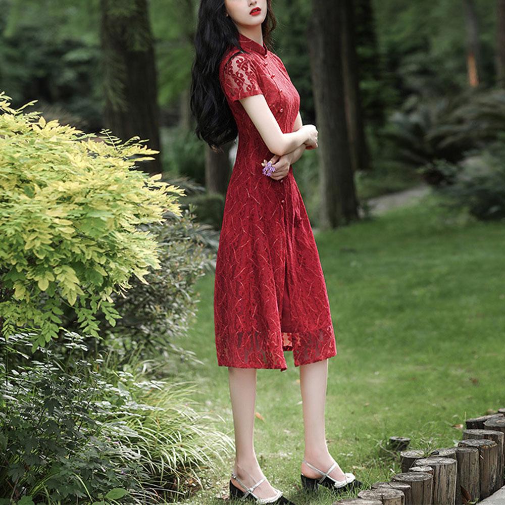Кружевное повседневное платье Cheongsam средней длины с низким вырезом, облегающее платье больших размеров в китайском стиле Ao Dai