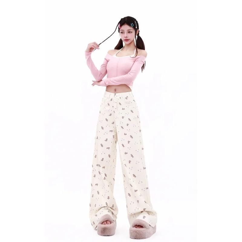 Women's Vintage White Jeans Harajuku Y2k 90s Aesthetic Denim Pants Streetwear Straight Cowboy Trousers 2000s Trashy Clothes