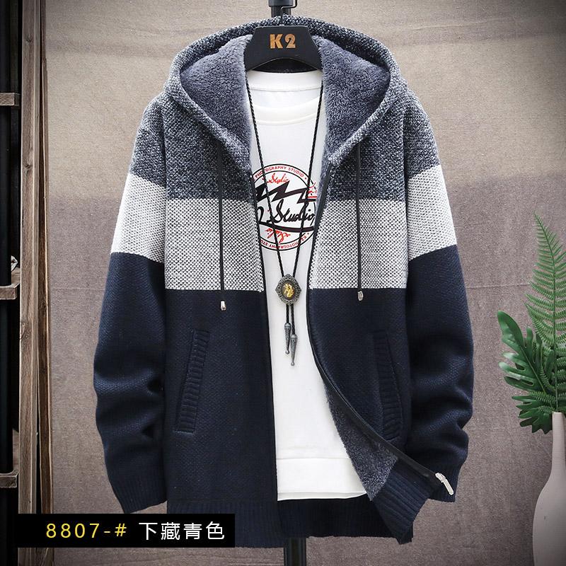 2024 Winter Men Sweater Add Velvet Cardigan Patchwork Color Stand Collar Male Casual Zipper Knitted Thick Warm Sweatercoat