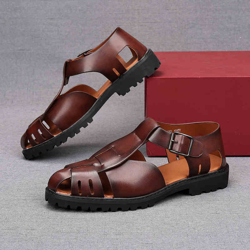 Fashion Summer New Hand Woven Men's Sandals Retro Leather Hollow Breathable Roman Shoes Trendy Solid Color Ankle Buckle Casual Shoes