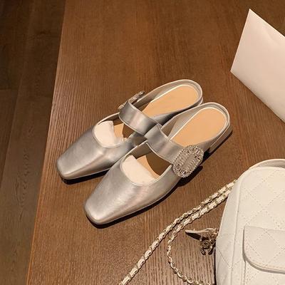 Тапочки Женские Летняя Обувь Pantofle Шлепанцы Низкий Квадратный Носок 2025 Мягкий Каблук-Копытце ПУ Ткань Шелк Резиновая Обувь Квадратный Носок Тапочки