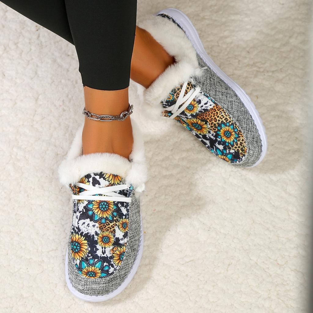 Женские зимние ботинки с плюшевой подкладкой, с принтом подсолнуха, удобные холщовые туфли без застежек, теплые ботильоны