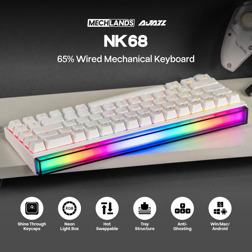 Игровая проводная клавиатура MechLands AJAZZ NK68, компактная механическая, совместимая с Lightbox, 65% раскладка, с возможностью горячей замены клавиш, клавиши с подсветкой,
