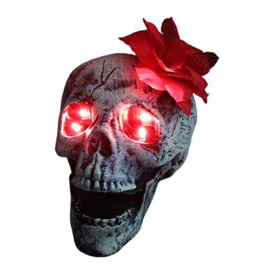 Halloween Skull Statue with Flower Plastic Small Size Human Head Bone Sculpture Collectible Skeleton Figurine for Indoor Outdoor Decor