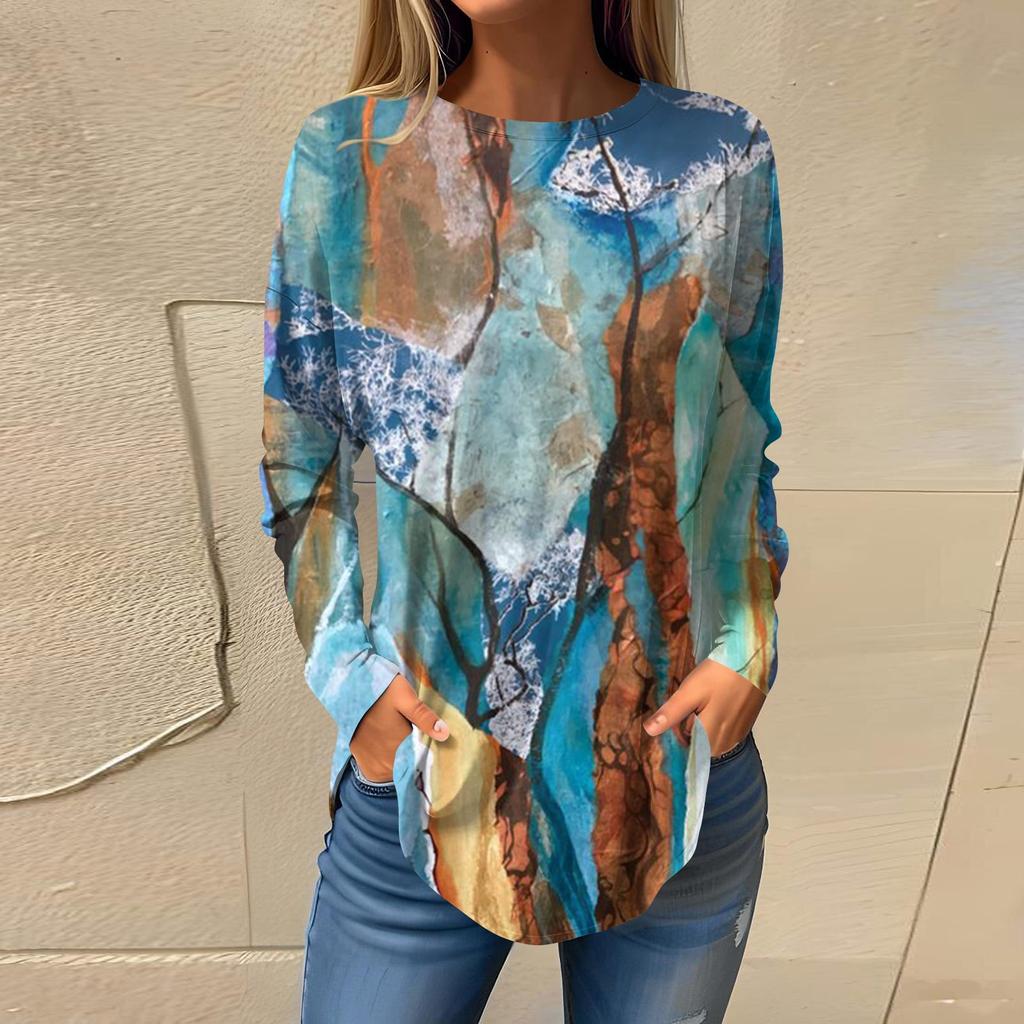 Футболки для женщин, осенний повседневный модный топ с длинным рукавом, пуловер с принтом, топ
