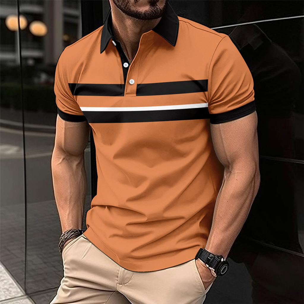 New Men's Casual Polo Shirt with Collar and Buttons Versatile Business Digital Stripe Print Top