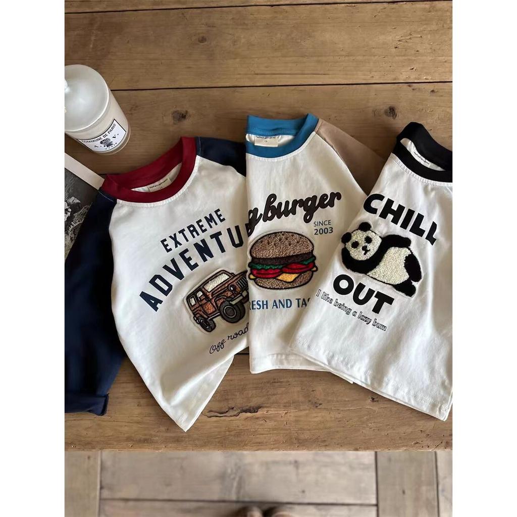 Boys Long Sleeve Cotton T Shirt with Cartoon Embroidery for Spring Autumn