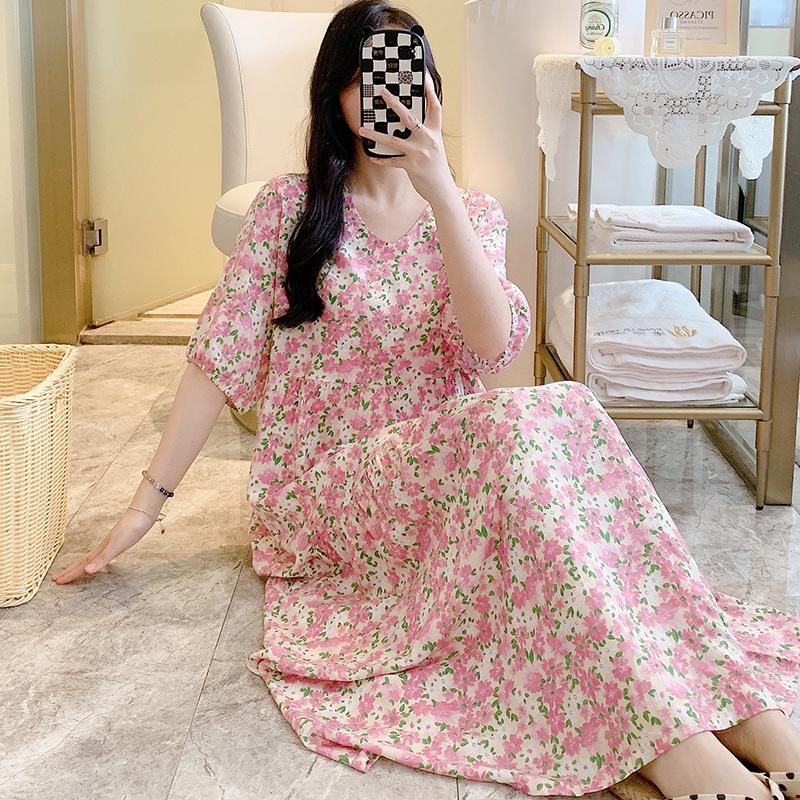 1011 New women's cotton and silk dress French spring, summer and autumn can be worn outside loose cake dress long dress large size nightdress