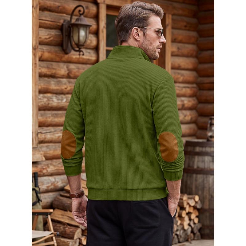 Men Vintage Ribbed Half Zip Stand Collar Long Sleeve Sweatshirt Suede Patchwork