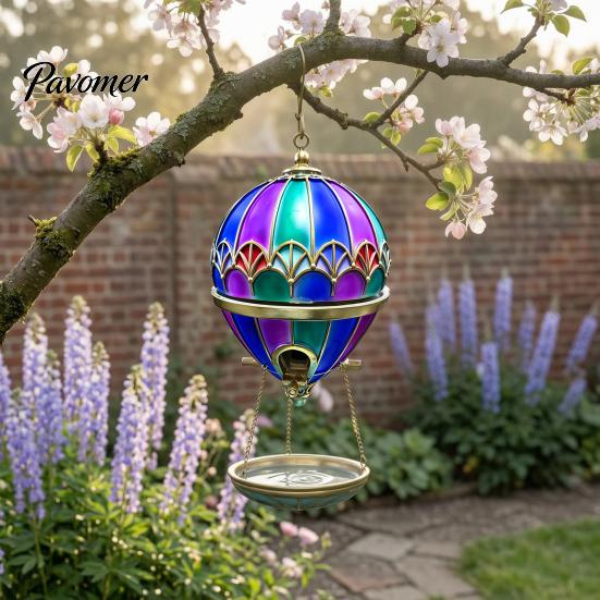 Garden Bird Feeder Hot Air Balloon Feeder, Retro Stained Glass Art with Water Easy Fill Tray, Hanging Bath for Outdoor Patio Backyard