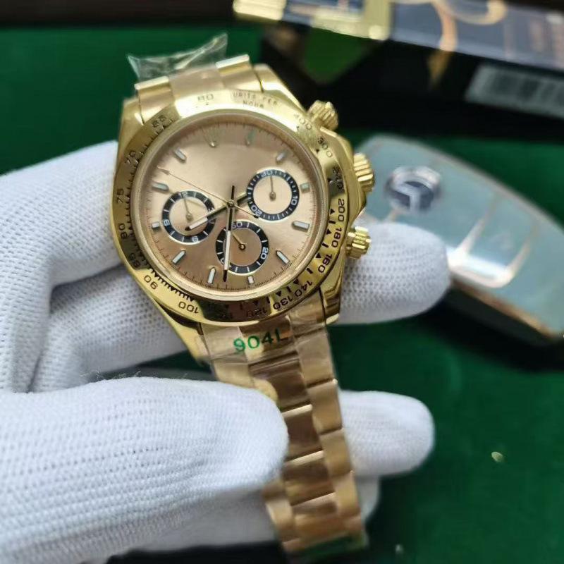 Мужские автоматические часы 40 мм серии Lao Jia Ri Zhi Daytona - Светонакопительные, Водонепроницаемые, Корпус из золотой нержавеющей стали