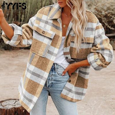 Женская мода, повседневные клетчатые принты, осенне-зимние куртки и пальто-поло с длинными рукавами и воротником