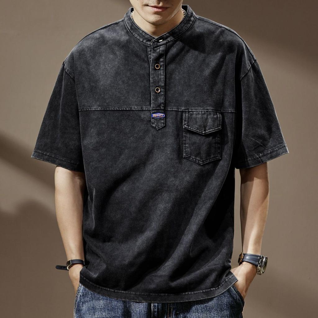 Мужская футболка с коротким рукавом, ферментированная, с ностальгической стиркой, рубашка-поло, высококачественная, свободная, трендовая, брендовая, с круглым вырезом, стиранная старая