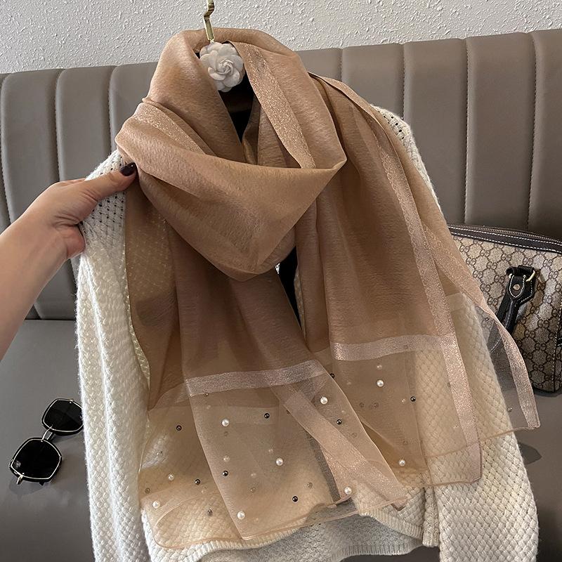 Spring Summer and Autumn Simulation Silk Scarf Women's Sunshade Temperament Shawl Fashion Scarf Beaded Scarf