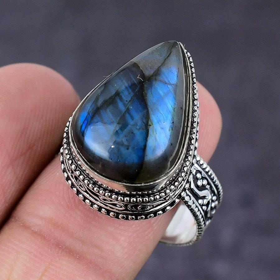 Natural Labradorite Gemstone 925 Sterling Silver Jewelry Ring Size 10.5 K1Y79