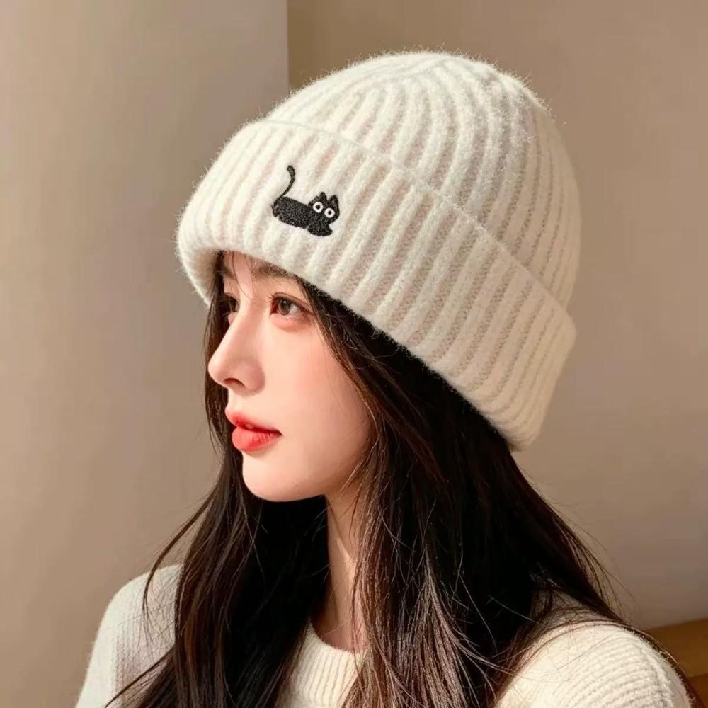 Soft Warm Beanie Hat Cat Embroidered Winter Thermal Cap New Knitted Woolen Hat Women