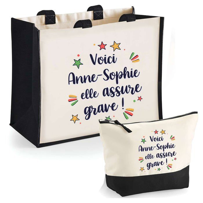 Coffret - PLANETEE - Duo cabas jute et trousse «Anne-Sophie elle assure grave» - Jute & coton - 33x42 cm - Fabrication française