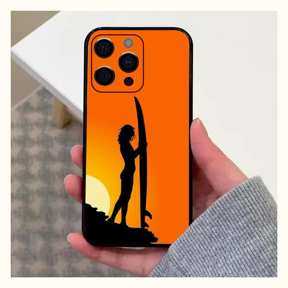Surfboard Surfing Art Surf Girl Phone Case For Apple iPhone 15,14,13,12,11,Pro,X,XS,Max,XR,Plus,Mini Soft Black Cover