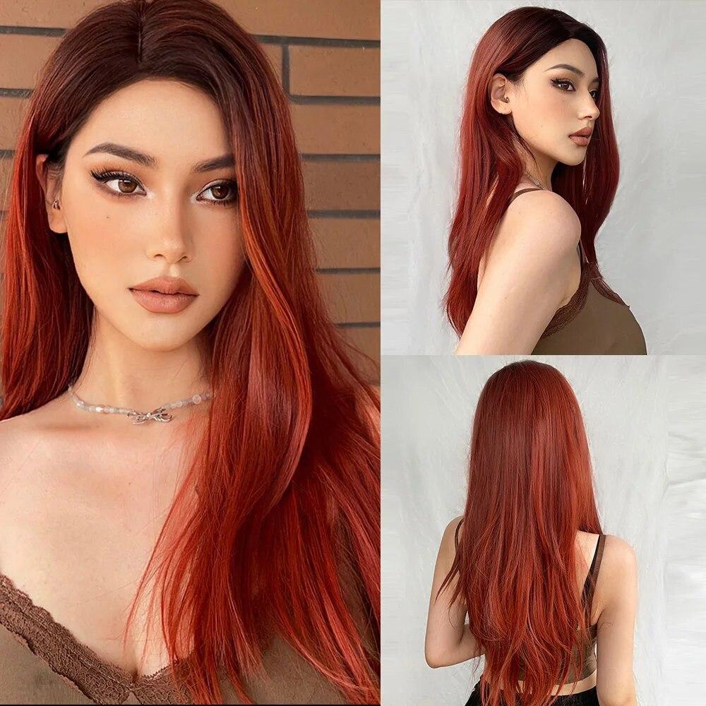 LOUIS FERRE Синтетические парики красного, коричневого, рыжего, медного цвета со средним пробором для женщин, натуральные волосы для девочек, ежедневный парик из термостойкого волокна