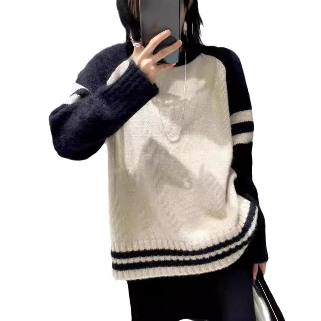 Осень/Зима Корейский Стиль Чистая Шерсть Цветовой Блок Свободный Вязаный Кашемировый Свитер для Женщин