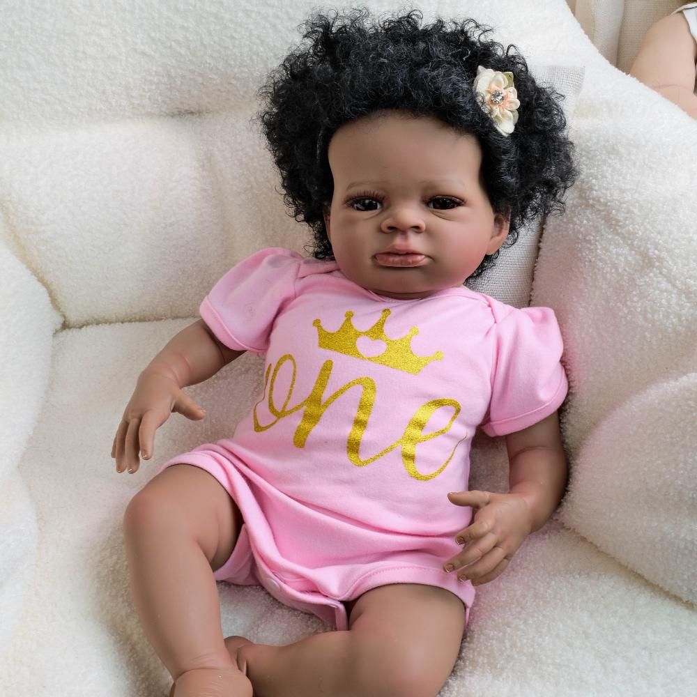 19-дюймовая мягкая тканевая кукла-реборн Лэнни, африканская американская темнокожая кукла-новорожденный, реалистичная, с имплантированными руками, вьющимися волосами, куклы-реборн для детей, игрушка