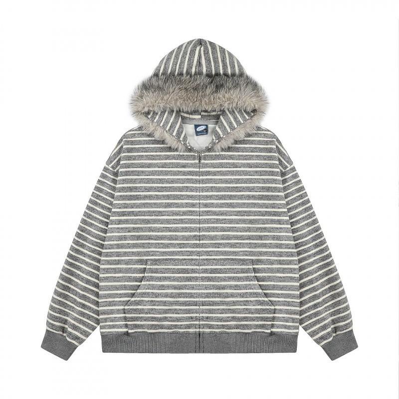 Unisex Retro Striped Hooded Zip-Up Sweatshirt Oversized Casual Streetwear Pullover