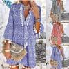 Women Three-quarter Sleeve Boho Floral Printed Dress Tassel V-neck Dress