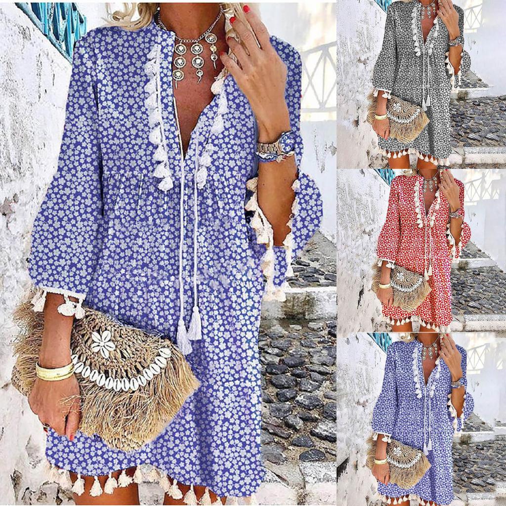 Women Three-quarter Sleeve Boho Floral Printed Dress Tassel V-neck Dress