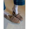 Sheepskin Version~ Suede Retro Leather One-pedal Loafers Women's Round Head Lace-up Flat-bottomed Lazy Fringed Beanie Shoes
